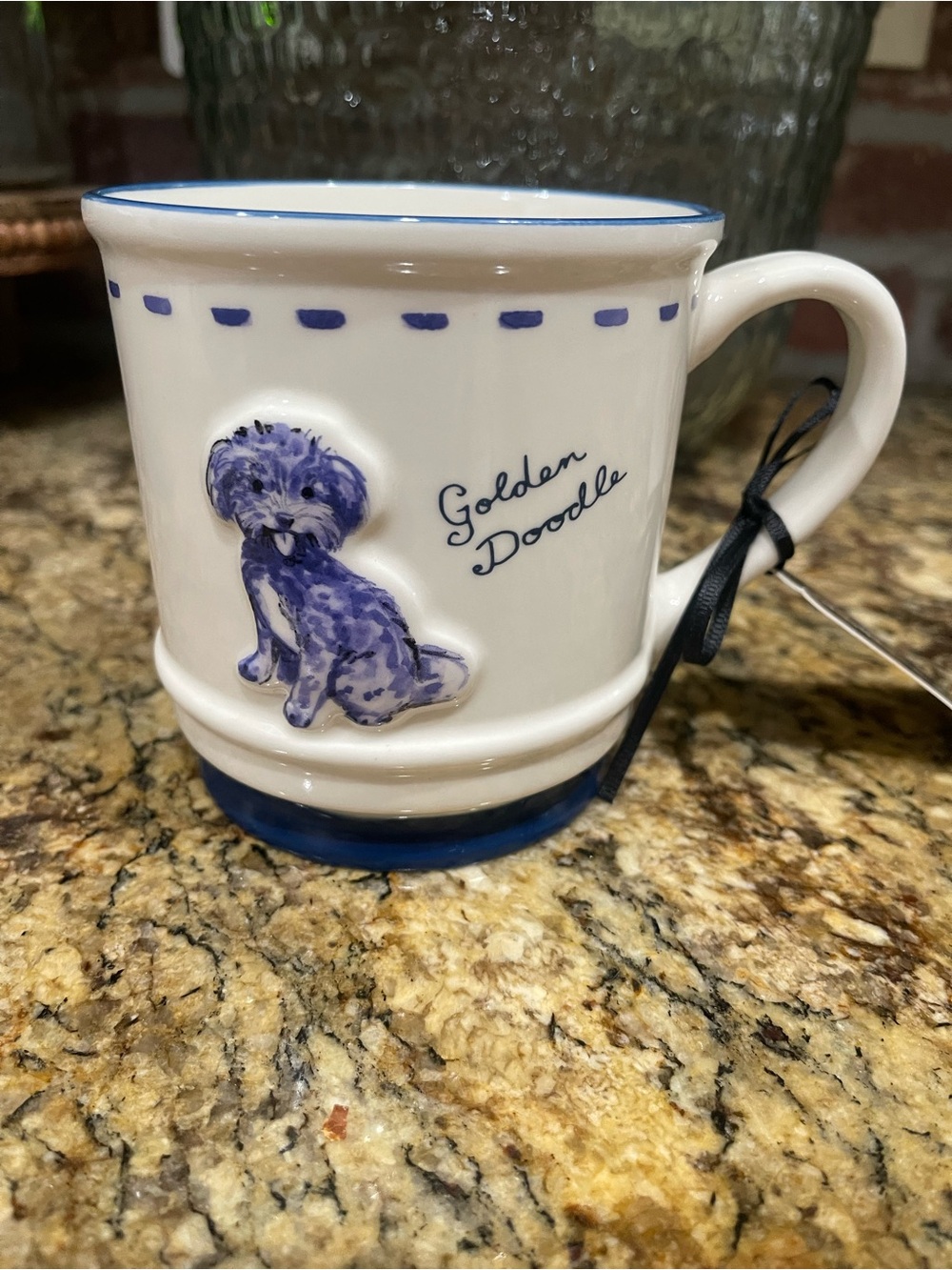 Dwell Studio GOLDEN DOODLE blue and white double sided coffee mug - Brand New